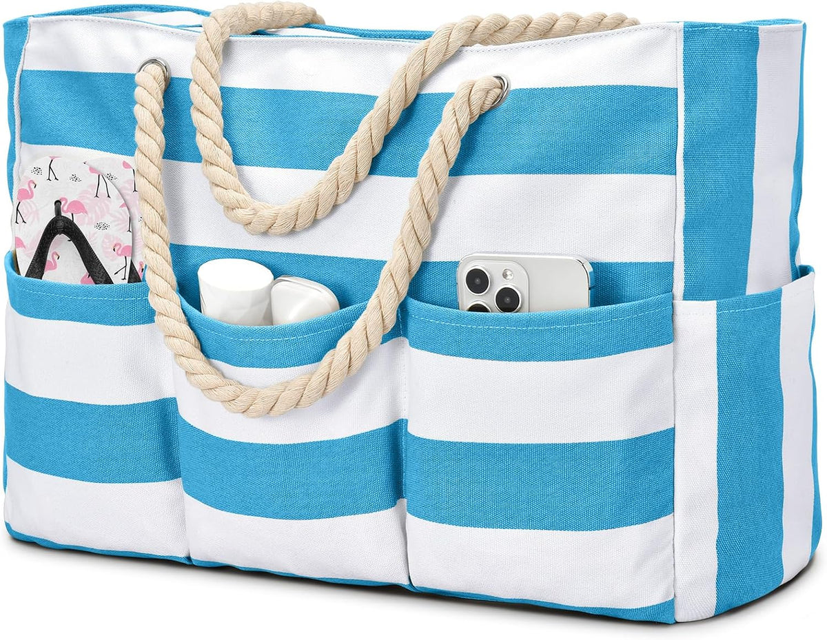 Waterdichte Strandtas Canvas met Rits en 7 Vakken - Ruime Schoudertas voor Strand Zwembad Vakantie Reizen