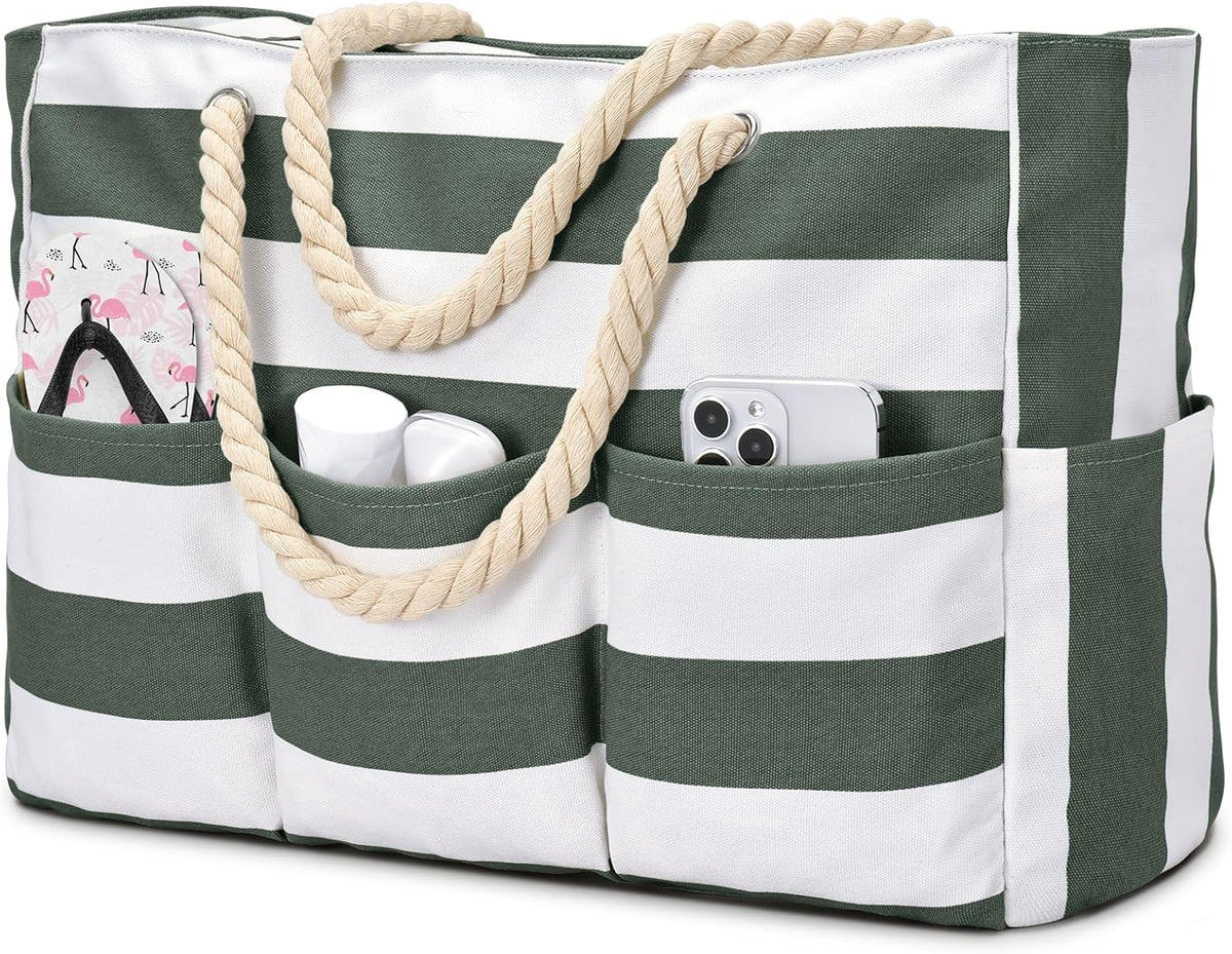 Waterdichte Strandtas Canvas met Rits en 7 Vakken - Ruime Schoudertas voor Strand Zwembad Vakantie Reizen