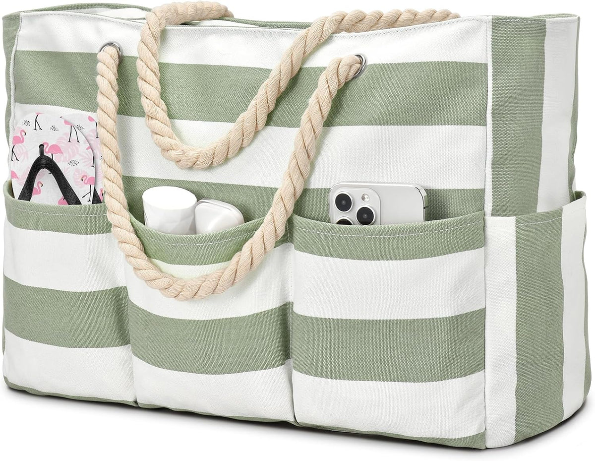 Waterdichte Strandtas Canvas met Rits en 7 Vakken - Ruime Schoudertas voor Strand Zwembad Vakantie Reizen