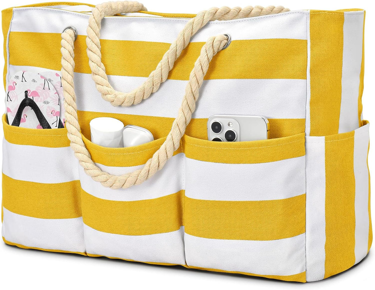 Waterdichte Strandtas Canvas met Rits en 7 Vakken - Ruime Schoudertas voor Strand Zwembad Vakantie Reizen