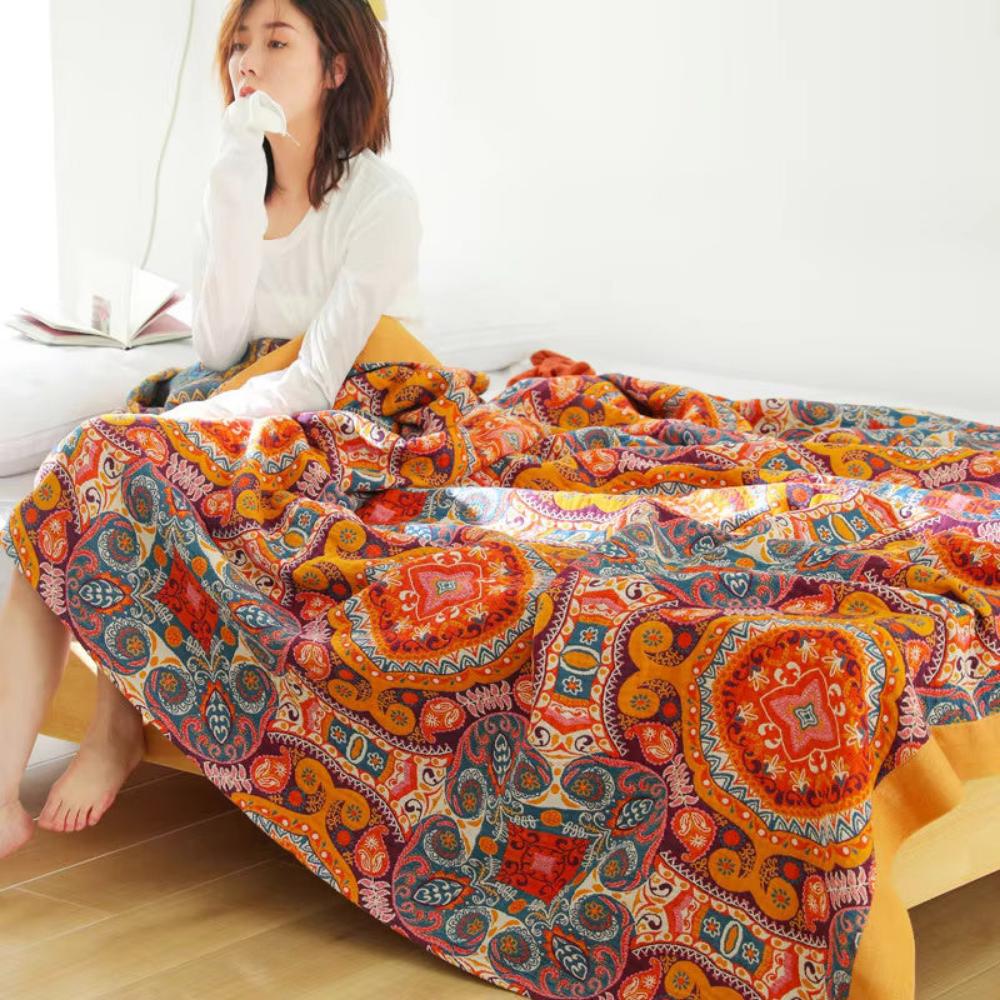Omkeerbare Plaid in Boho-Stijl met Koelend Effect - Dubbelzijdig Zomerdeken met Vochtafvoer - Zacht Katoenen Sprei voor Warme Nachten - Moderne Deken met Zonsopgang-Patroon