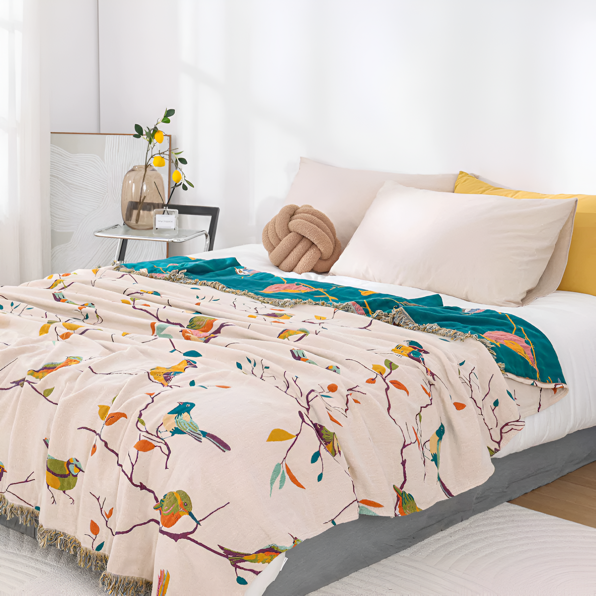 Katoenen Plaid met Vogelmotief en Kwastjes - Vintage Boho Stijl Deken voor Bank, Bed of Picknick