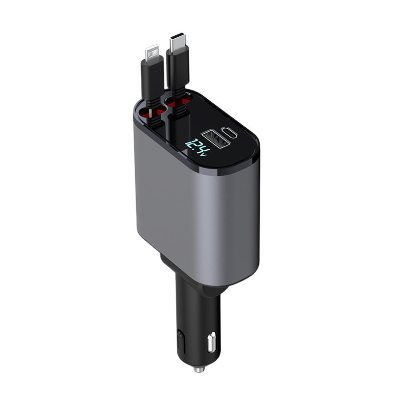 Auto Snellader Intrekbare Kabel 4-in-1 Type-C Lightning Micro-USB Sigarettenaansteker Oplader 12V 24V Auto
