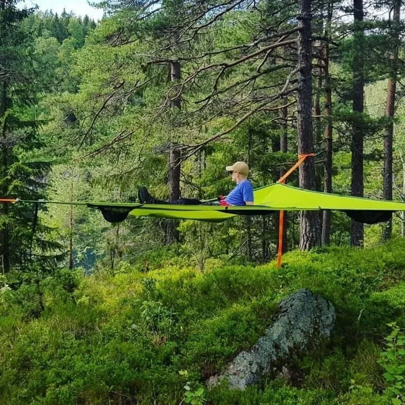 Driehoekige Hangende Camping Relaxmat voor Meerdere Personen - Luchtbed voor 3 Punten met Bevestigingsset 280x280 of 400x400 cm Groen Zwart