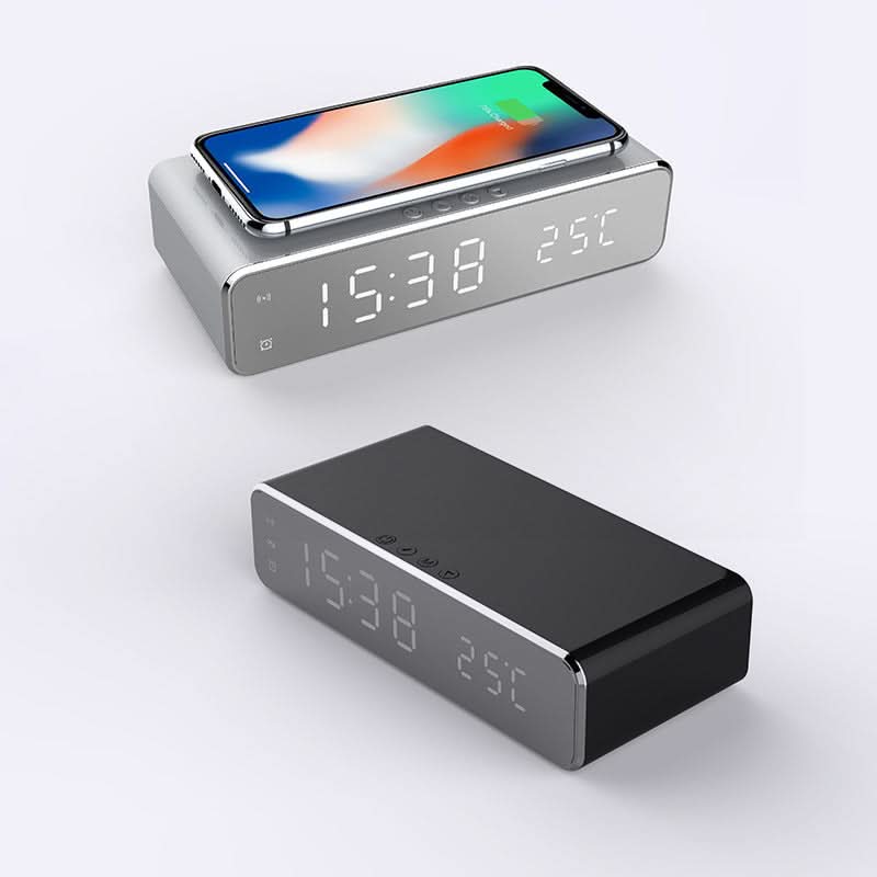 Digitale Wekker met Draadloze Oplader voor Smartphone Nachtkastje Groot LED Display Slaapkamer Zwart Grijs