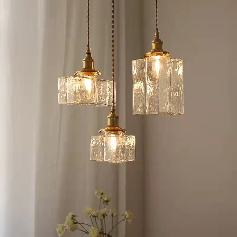Vintage Hanglamp met Gegolfd Glas & IJzeren Armatuur - Vierkant/Rechthoekig - Scandinavisch Design voor Woonkamer