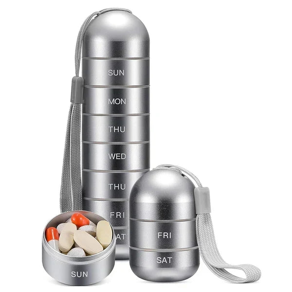 Pillendoos Aluminium 7 Dagen Weekbox Reis Medicijnen Organizer Waterdicht Draaivak Supplement Pillendispenser