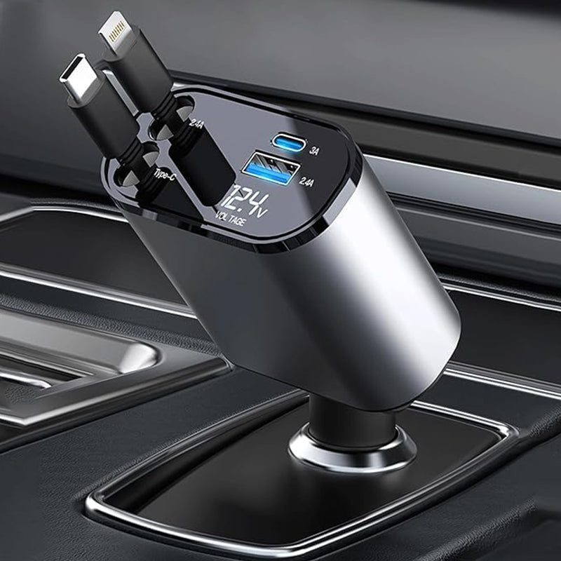 Auto Snellader Intrekbare Kabel 4-in-1 Type-C Lightning Micro-USB Sigarettenaansteker Oplader 12V 24V Auto