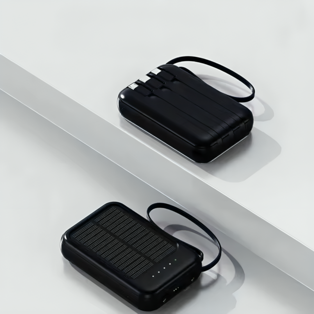 Oplaadbare Powerbank 20000mAh met Zonnepaneel, LED-Zaklamp en Ingebouwde Kabels - Draagbare Noodaccu met Dubbele USB- en Type-C-Aansluiting voor Smartphone en Tablet