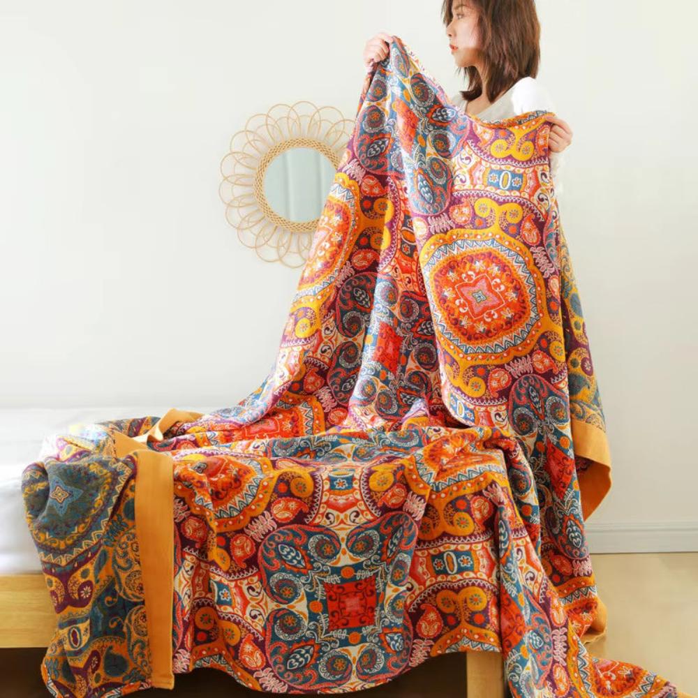 Omkeerbare Plaid in Boho-Stijl met Koelend Effect - Dubbelzijdig Zomerdeken met Vochtafvoer - Zacht Katoenen Sprei voor Warme Nachten - Moderne Deken met Zonsopgang-Patroon