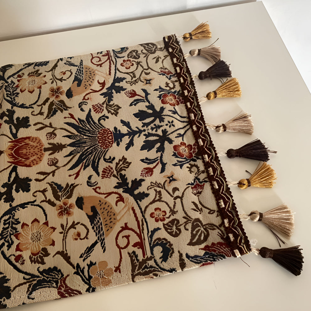 Vintage Jacquard Tafelloper met Vogel & Bloemmotief - Landelijke Elegantie met Kwastjes