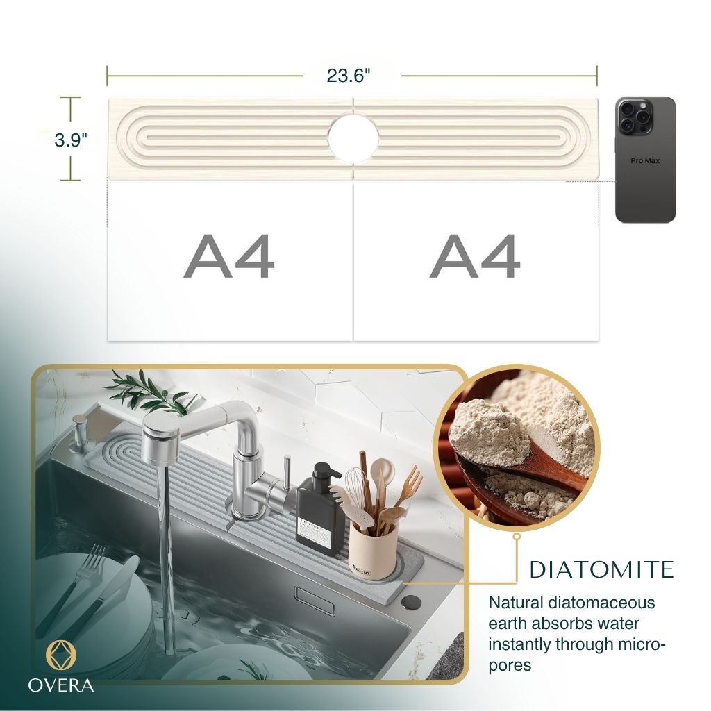 Super-Absorberende Diatomeeënaarde Gootsteenmat 60x23 cm - Wateropnemend & Snel Drogend Aanrechtmatje voor een Altijd Droge Keuken