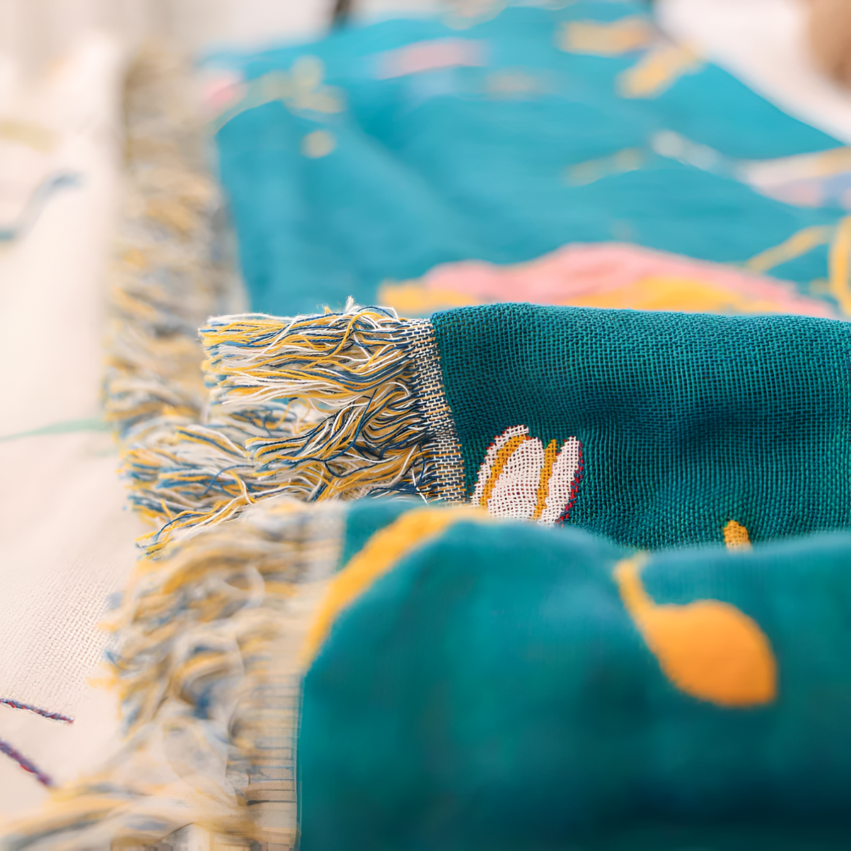 Katoenen Plaid met Vogelmotief en Kwastjes - Vintage Boho Stijl Deken voor Bank, Bed of Picknick