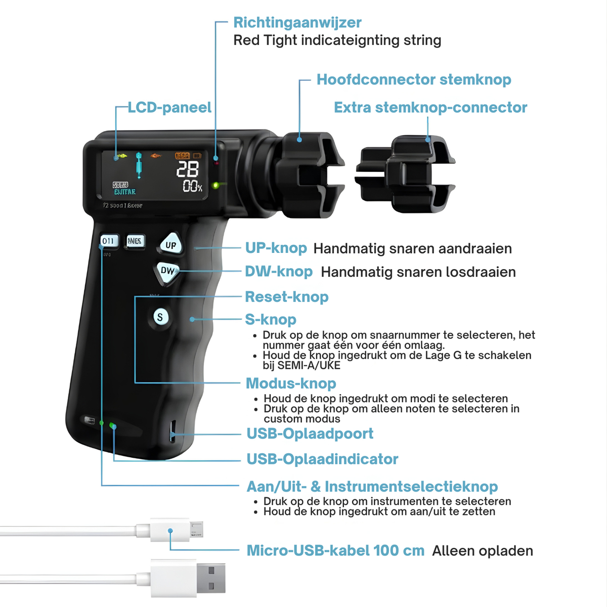 Automatische Snaarinstrument Stemmer met Snarenwinder voor Gitaar Bas Ukelele Oplaadbaar USB-C Accessoire