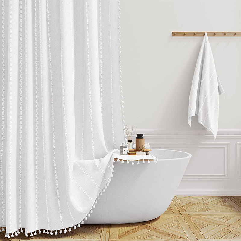 Douchegordijn Linnen Bohemian Waterproof Kwastjes 180x200cm Badkamer Beige Geruit