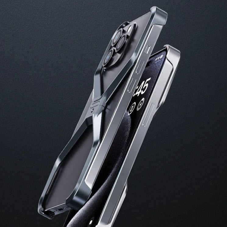 Aluminium X-Frame Telefoonhoesje iPhone 14 15 16 17 Pro Max Randloos Schokbestendig Titanium Design Luxe