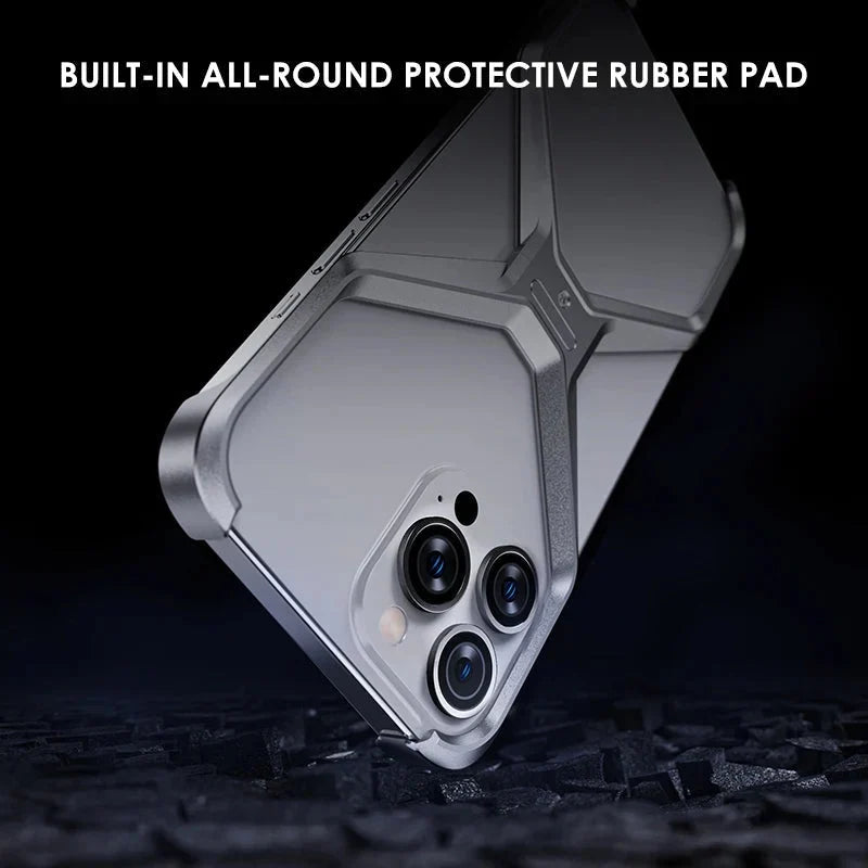 Aluminium X-Frame Telefoonhoesje iPhone 14 15 16 17 Pro Max Randloos Schokbestendig Titanium Design Luxe