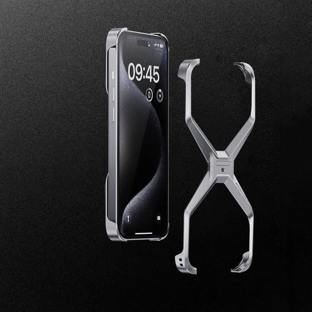 Aluminium X-Frame Telefoonhoesje iPhone 14 15 16 17 Pro Max Randloos Schokbestendig Titanium Design Luxe