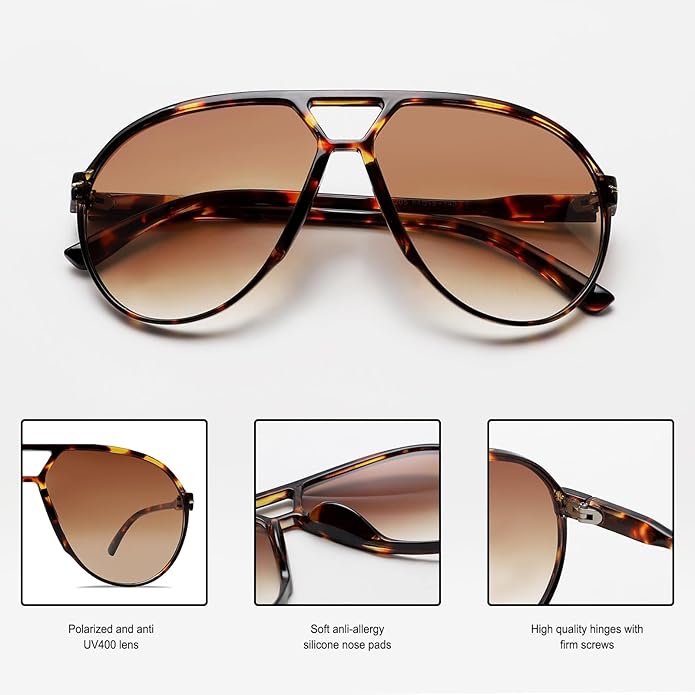 Oversized Vierkante Pilotenbril met UV400 Bescherming Unisex Zonnebril Lichtgewicht Montuur Retro Eyewear