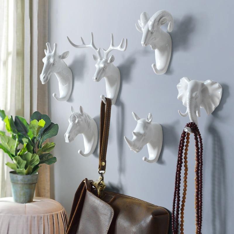 Decoratieve Dierenkop Wandhaak in Goud Wit Zwart voor Sleutels Tassen Handdoeken | Giraffehaak Olifanthaak Neushoornhaak Hert Ram Paard | Gietijzer Wanddecoratie Hal Badkamer Slaapkamer