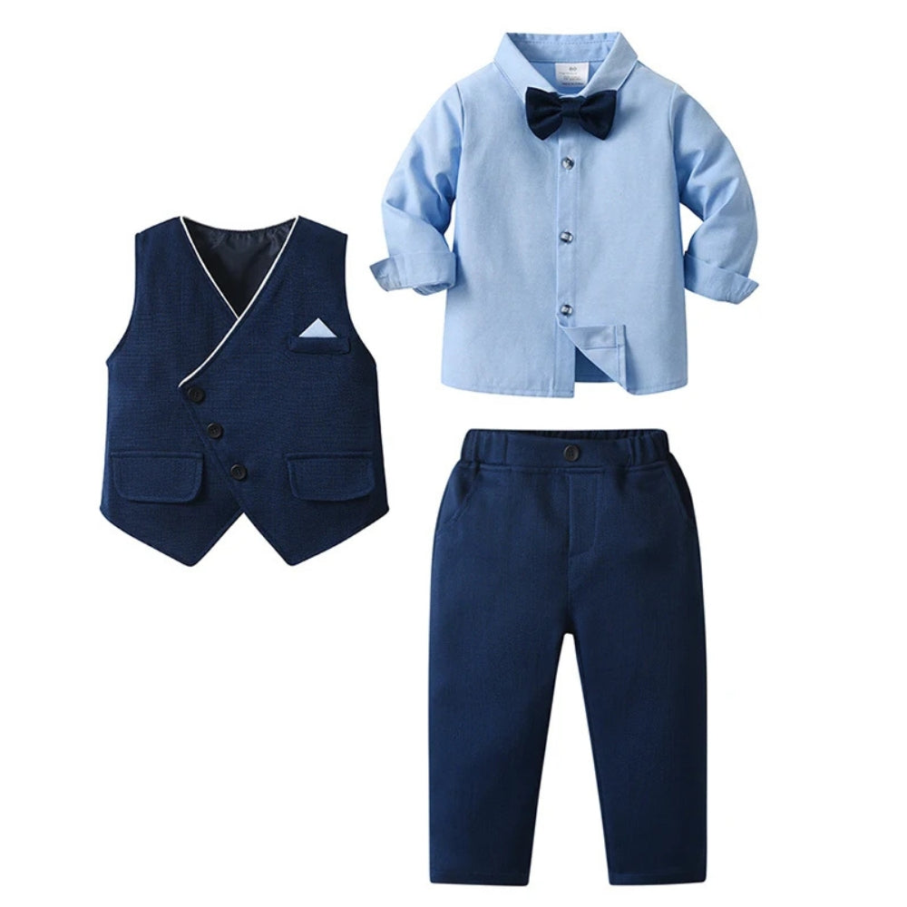 3-Delig Jongenspak met Blauw Overhemd, Gilet en Broek voor Feestelijke Gelegenheden, Ceremonies en Bruiloften