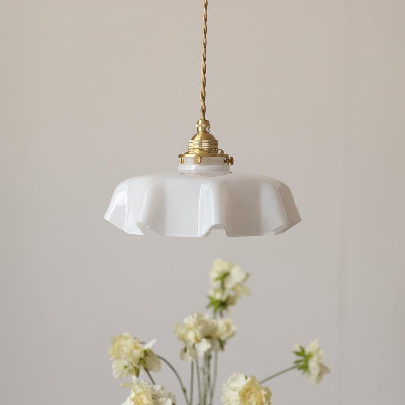 Geplooide Glazen Hanglamp met Messing Armatuur - Vintage Franse Stijl in Wit, Beige, Roze of Blauw - Verstelbare Kabel 150 cm