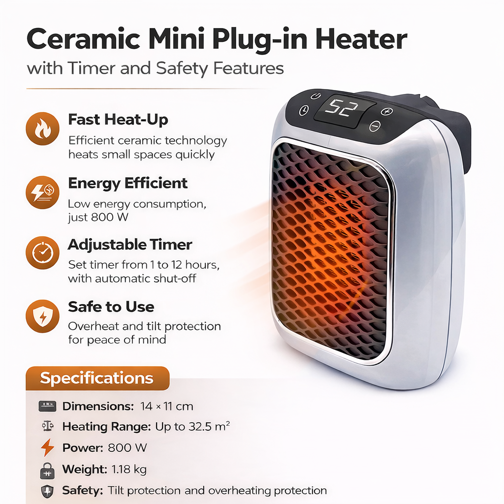 Keramische Stekkerverwarming 800W Timer Kantelbeveiliging Oververhittingsbeveiliging Stille Verwarming