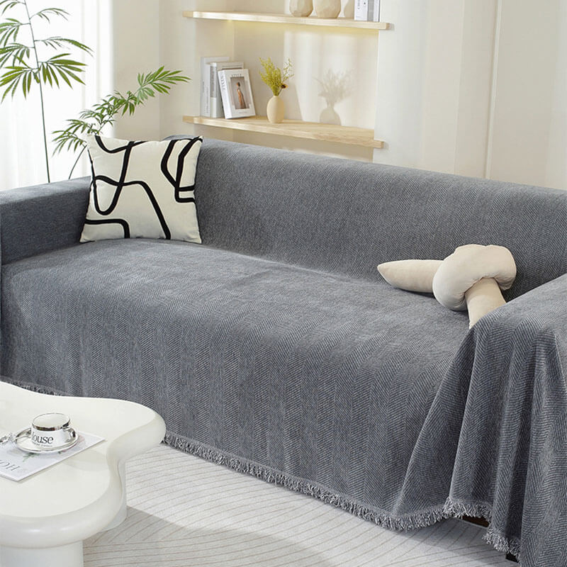 Chenille Plaid met Visgraatpatroon en Kwasten - Zachte Bankdeken 180x130cm - Decoratief Woonkleed voor Sofa