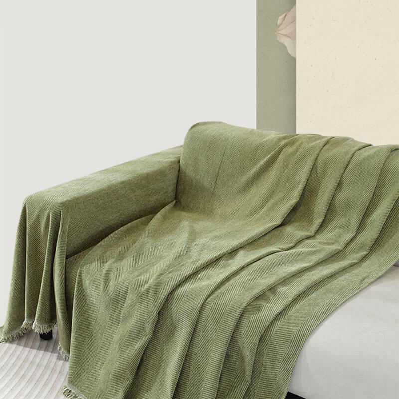 Chenille Plaid met Visgraatpatroon en Kwasten - Zachte Bankdeken 180x130cm - Decoratief Woonkleed voor Sofa