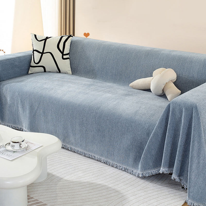 Chenille Plaid met Visgraatpatroon en Kwasten - Zachte Bankdeken 180x130cm - Decoratief Woonkleed voor Sofa