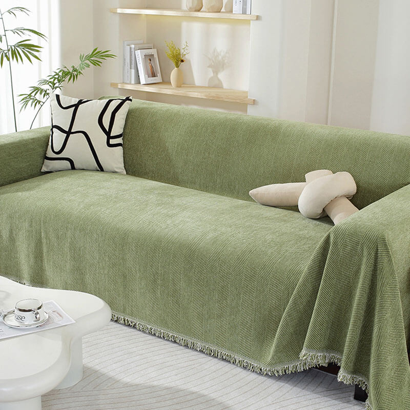 Chenille Plaid met Visgraatpatroon en Kwasten - Zachte Bankdeken 180x130cm - Decoratief Woonkleed voor Sofa