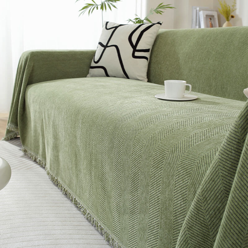 Chenille Plaid met Visgraatpatroon en Kwasten - Zachte Bankdeken 180x130cm - Decoratief Woonkleed voor Sofa
