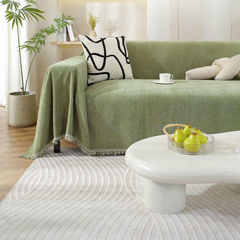 Chenille Plaid met Visgraatpatroon en Kwasten - Zachte Bankdeken 180x130cm - Decoratief Woonkleed voor Sofa