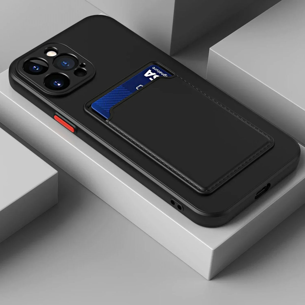 Siliconen iPhone Hoesje met Kaarthouder Contrasterende Knoppen Geïntegreerde Camerabescherming Stijlvol