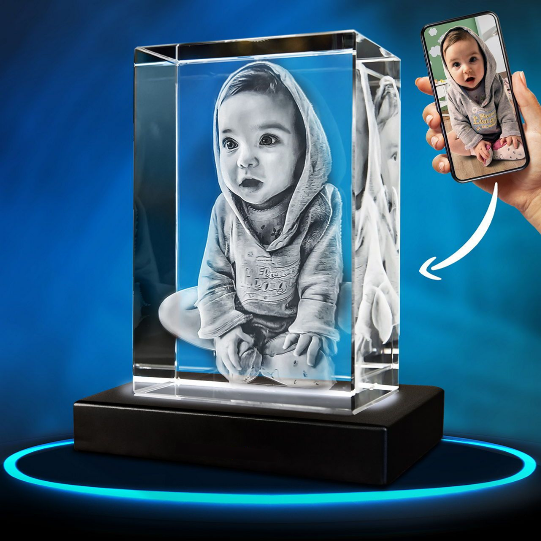 Gepersonaliseerd 2D/3D Kristal Gedenkkristal met Eigen Foto - Verlicht Herinneringsblok met Houten Voet