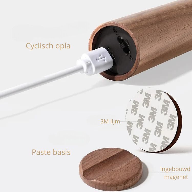 Houten Nachtlampje met Bewegingssensor - Oplaadbaar LED-Nachtlicht voor Slaapkamer, Gang & Toilet - Warmwit Licht Hout