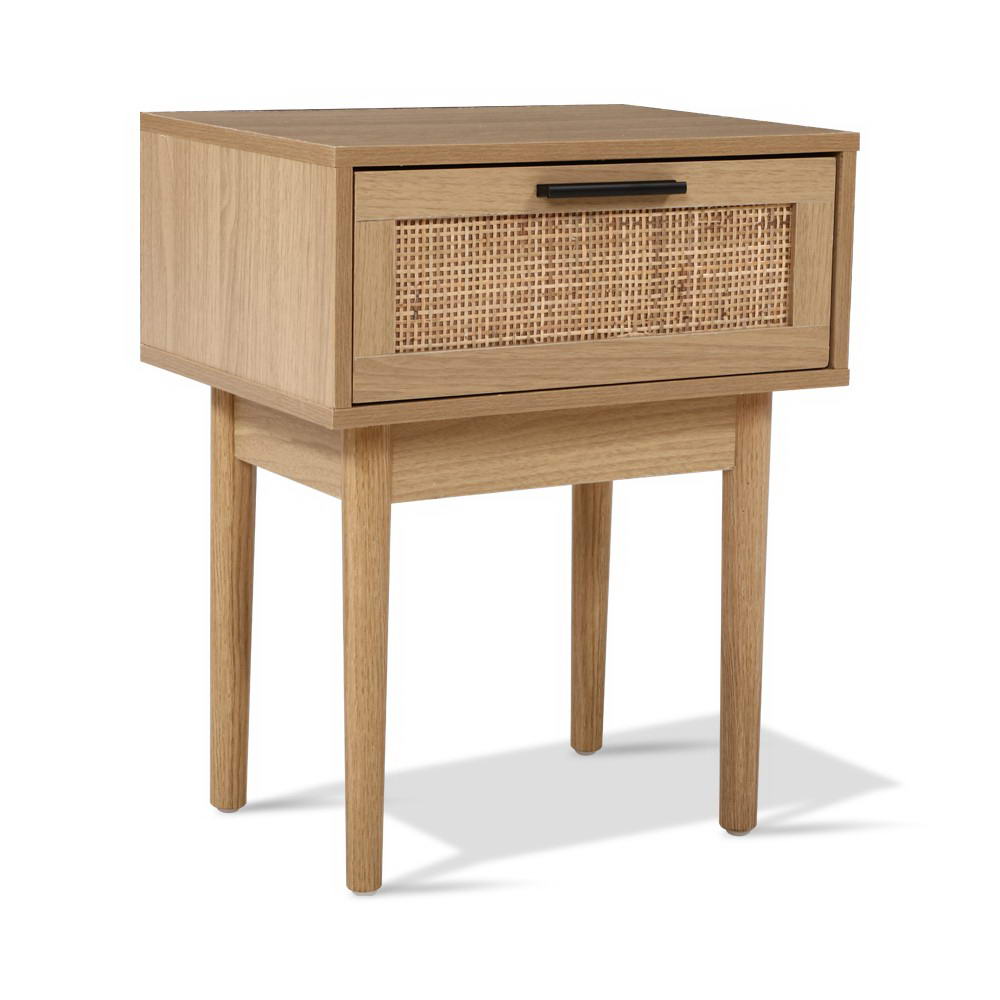 Nachtkastje met Rotan Lade en Houten Poten - Compact Boho Design 40 cm