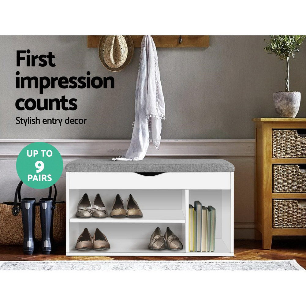 Schoenenbank met Opbergruimte en Zitkussen - Witte Schoenenkast voor 9 Paar 80 cm