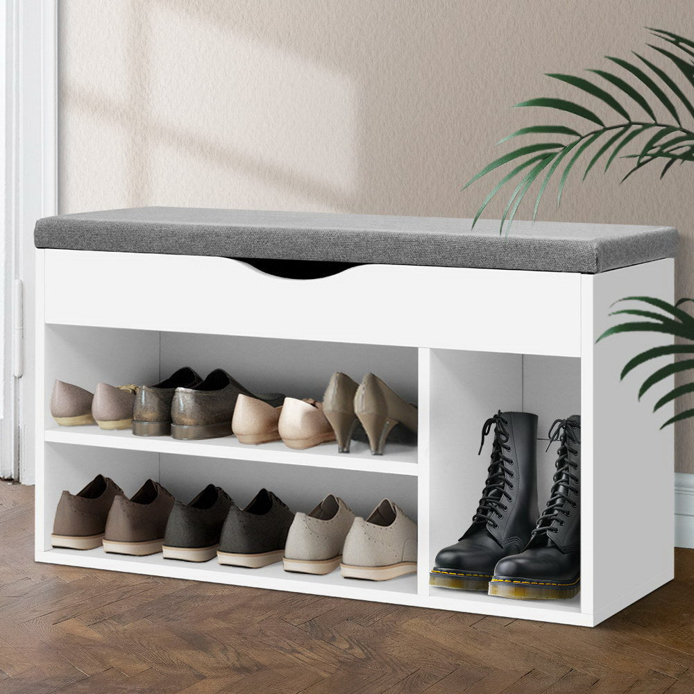 Schoenenbank met Opbergruimte en Zitkussen - Witte Schoenenkast voor 9 Paar 80 cm