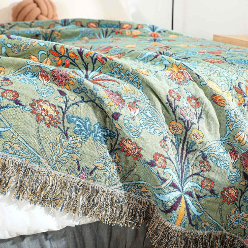 Katoenen Wenddeken met Bloemenweving en Kwasten - Zachte Jacquardplaid voor Bed en Bank