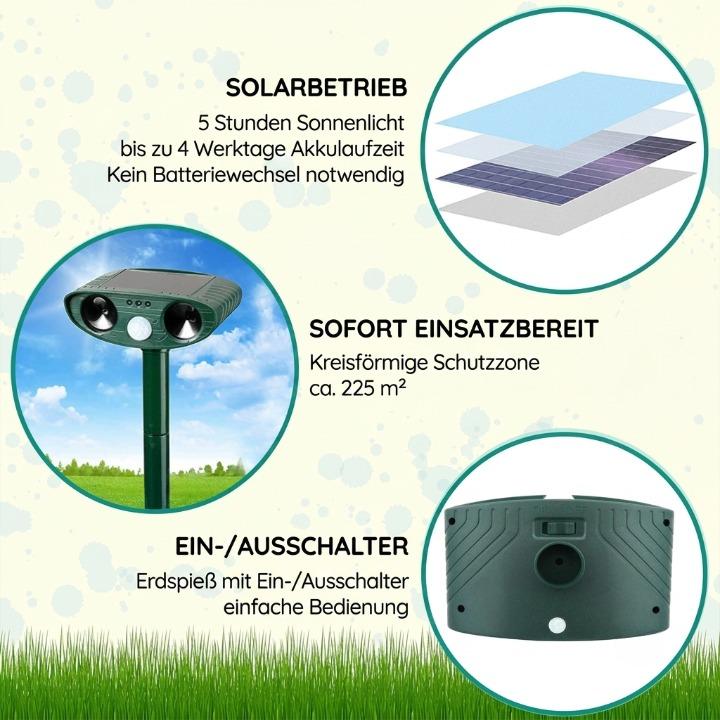 Dierenverschrikker op Zonne-Energie - PIR Bewegingssensor 110°, Bereik 9m, IP44 Weerbestendig voor Tuin en Erf