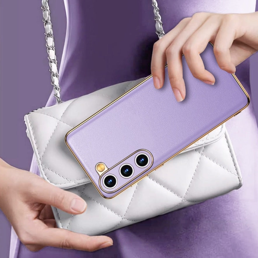 Smartphone Hoesje Echt Rundleer met Gemetalliseerde Zijkanten Samsung Galaxy S21-S25 Note 20 Draadloos Laden