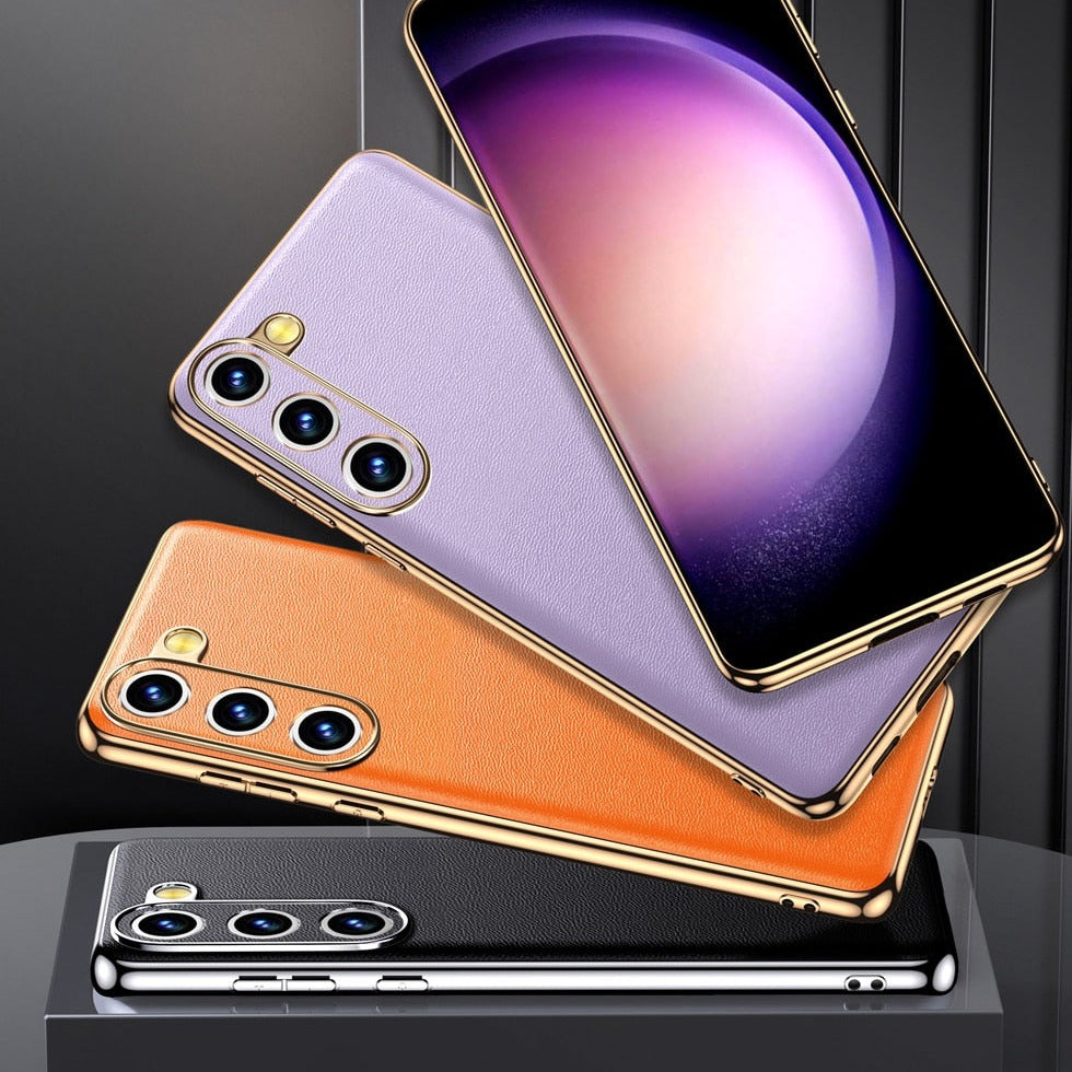 Smartphone Hoesje Echt Rundleer met Gemetalliseerde Zijkanten Samsung Galaxy S21-S25 Note 20 Draadloos Laden