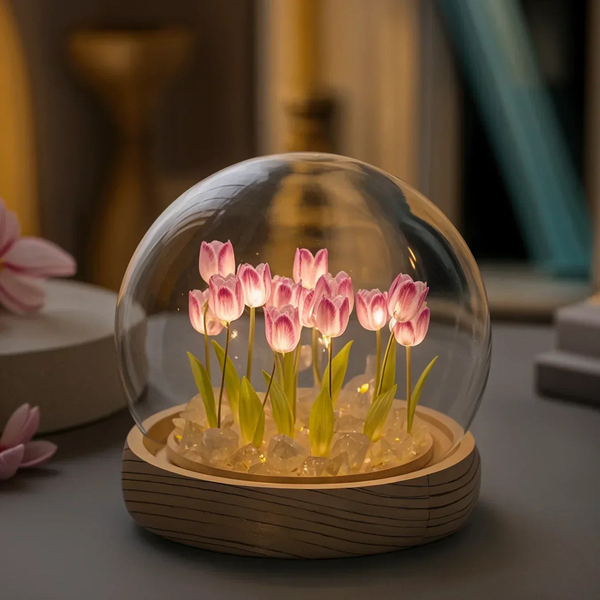 LED Tulpenlamp met Glazen Stolp en Warm Licht voor Sfeervolle Woonkamer Decoratie 10cm