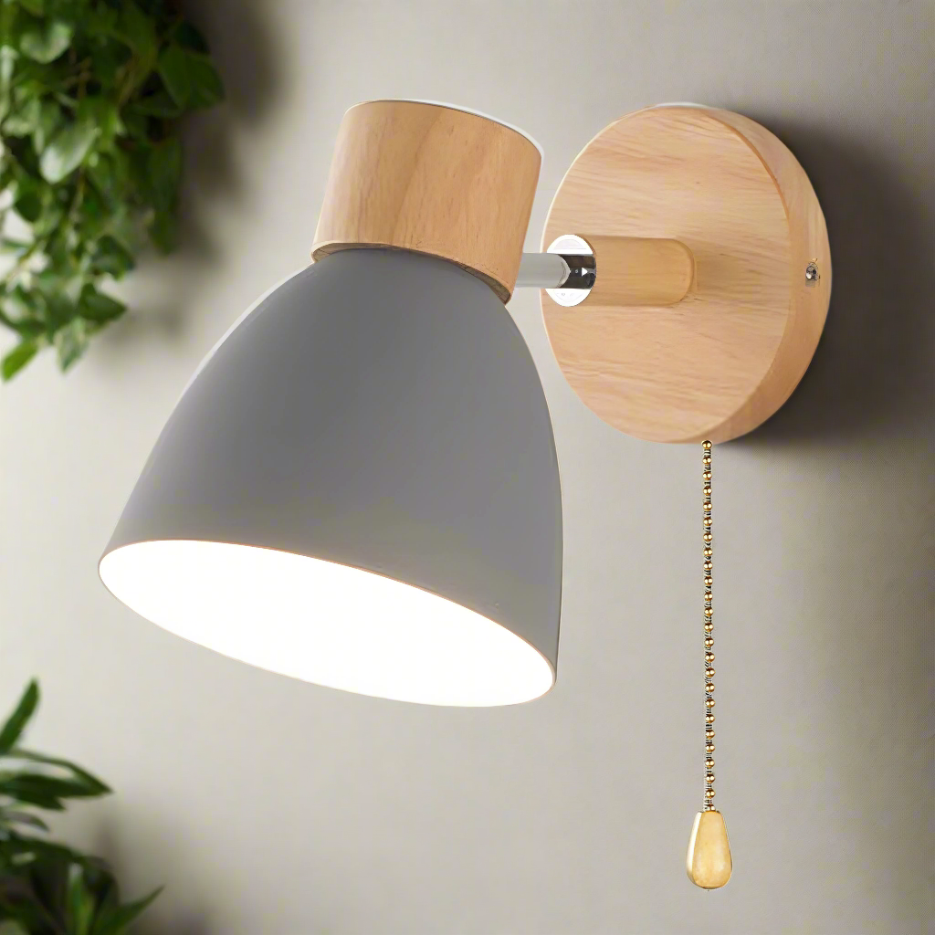 Scandinavische Wandlamp Hout met Trekschakelaar Natuurlijke Stijl Sfeerlicht Woonruimte