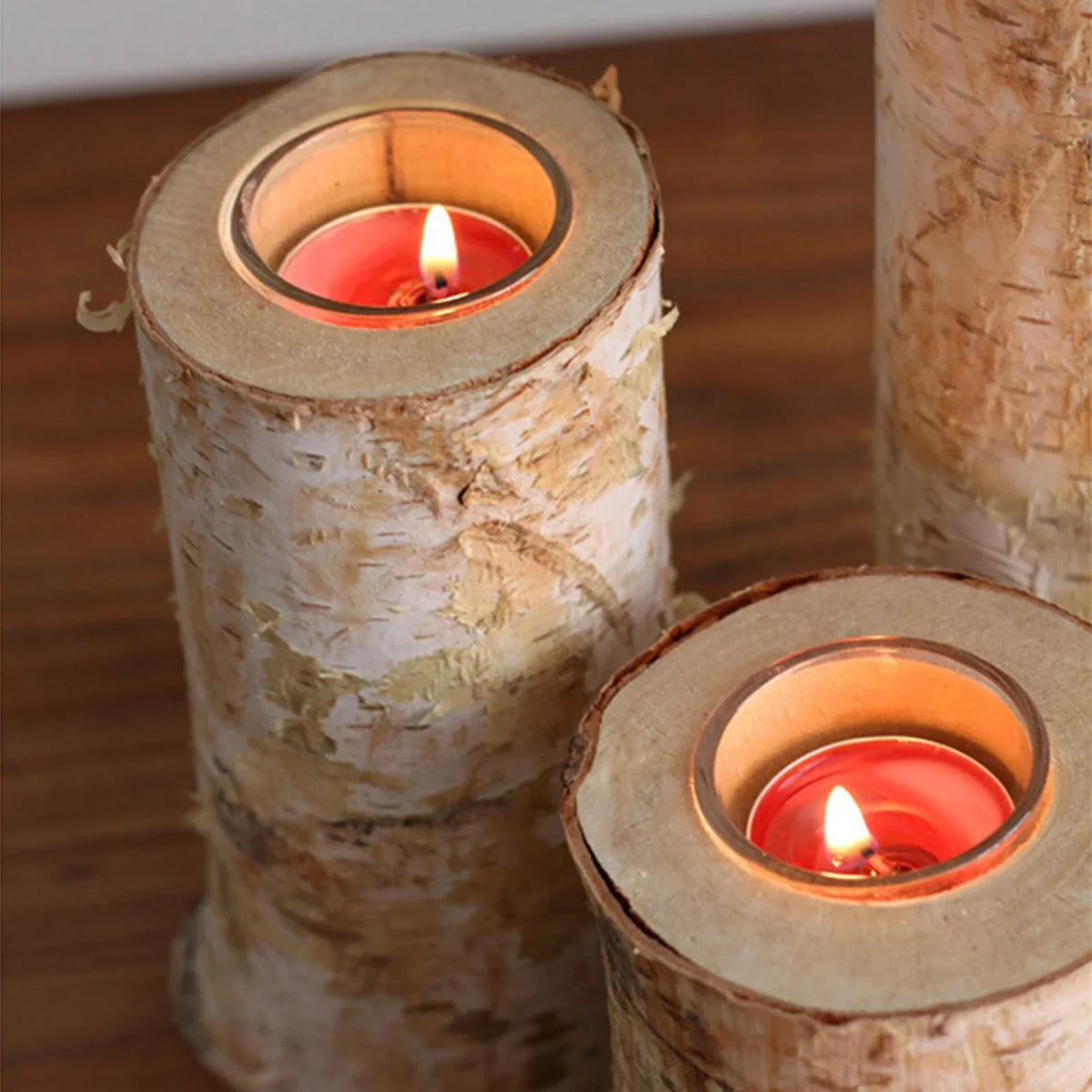 Waxinelichthouder Hout Eettafel Berkenhout met Borosilicaat Glazen Inzet 5 10 15 en 20 cm Handgemaakt Rustiek