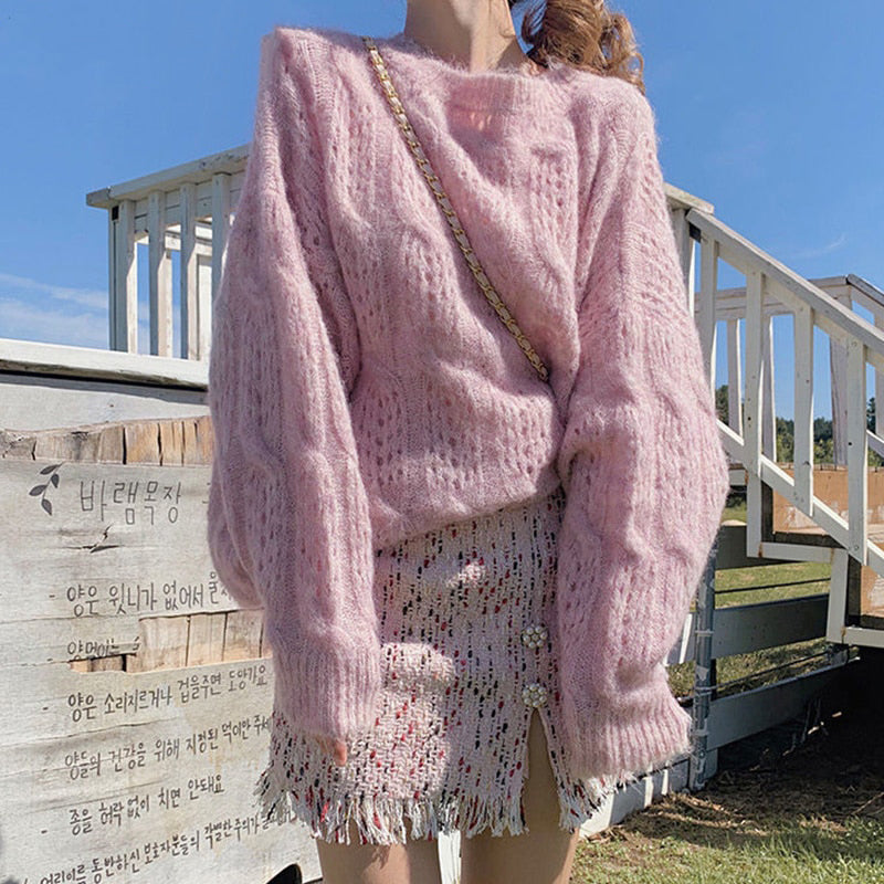 Opengewerkte Damestrui Gebreide Pullover One-Size Comfortabel Warm Veelzijdig Vrijetijdskleding Dagelijks Dragen