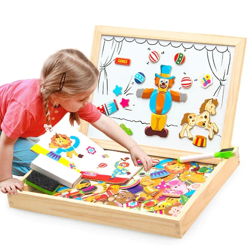 Magnetisch Teken- en Puzzelbord Hout - Dubbelzijdig Whiteboard en Schoolbord - Educatief Speelgoed met Magnetische Stukken - 30x23x3 cm