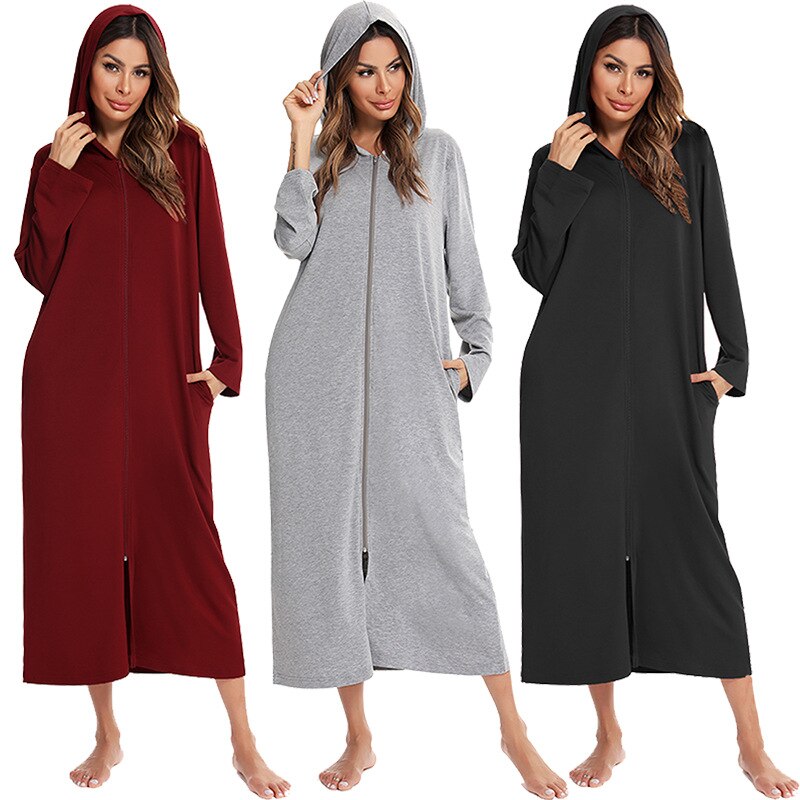 Badjas met Capuchon en Rits Fleece Ochtendjas met Zakken Dames Lange Mouwen Homewear Zwangerschap Comfortabel