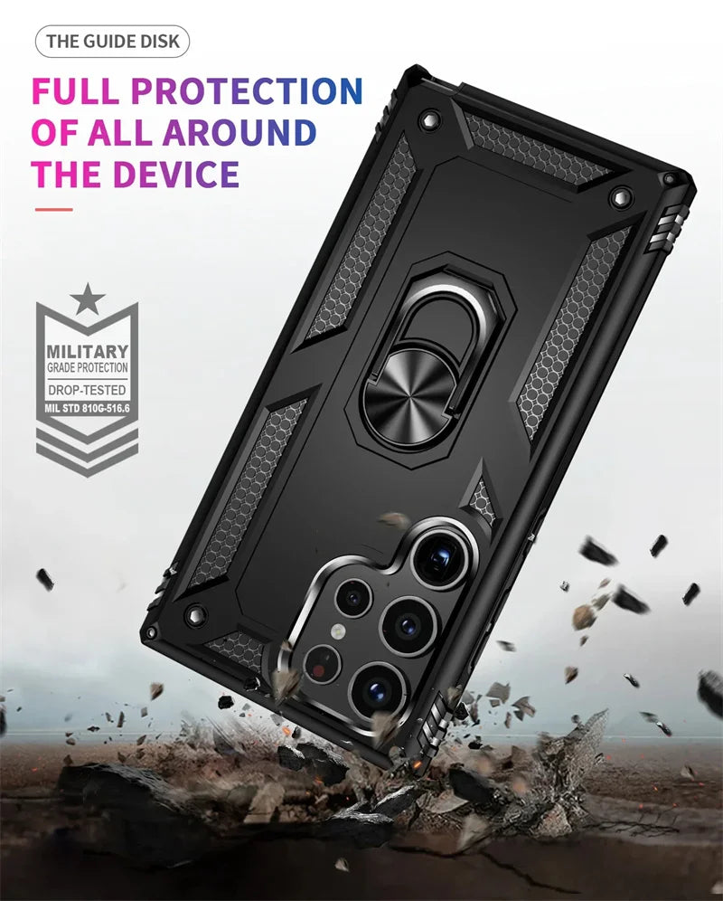 Verstevigde Telefoonhoes met Draaibare Ringhouder en Magnetische Plaat voor Samsung Galaxy Smartphones